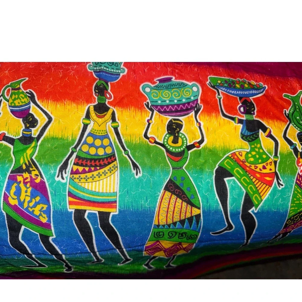 African Rainbow Striped Tapestry Wall Hanging Women Carrying Basket Fringe 44x68
